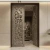 German Silver Carved Double Door with floral and bird carvings handcrafted on teak wood luxury temple door