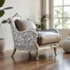 Handcrafted German Silver Accent Chair with floral carvings and upholstered seat placed in luxury living room