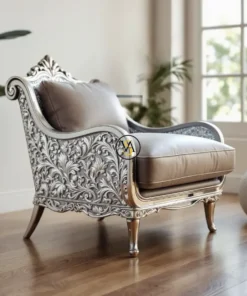 Handcrafted German Silver Accent Chair with floral carvings and upholstered seat placed in luxury living room