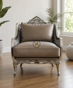 Front side view of handcrafted German Silver Accent Chair in Living Room