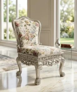Imperial German Silver Luxury Chair with Floral Upholstery and Handcrafted Silver Carving
