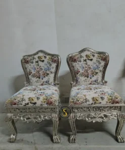 German Silver Luxury Chair Pair with Floral Upholstery