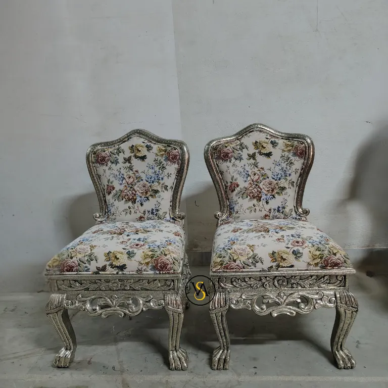 handmade-german-silver-luxury-chair-pair German Silver Luxury Chair Pair with Floral Upholstery