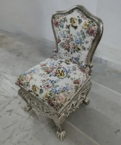 Silver Luxury Chair with Floral Upholstery and Handcrafted Silver Carving