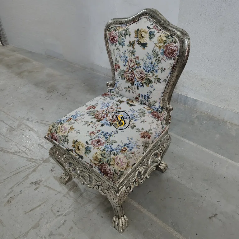 handmade-german-silver-luxury-chair-right-angle-view Silver Luxury Chair with Floral Upholstery and Handcrafted Silver Carving