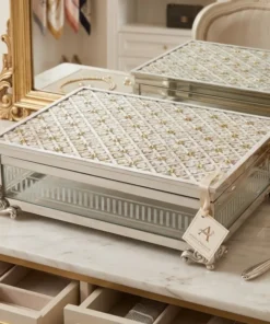 Mother of Pearl Jewelry Storage Box with handcrafted floral inlay design on dressing table