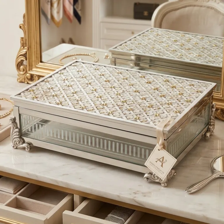 handmade-mother-of-pearl-jewelry-storage-box-floral-design Mother of Pearl Jewelry Storage Box with handcrafted floral inlay design on dressing table