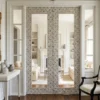 Luxurious mother of pearl inlay mirror double door in modern white living room with fully furnished