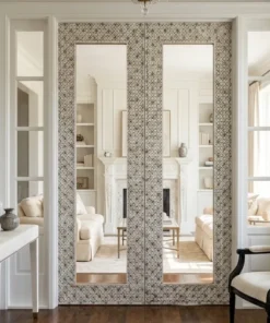 Luxurious mother of pearl inlay mirror double door in modern white living room with fully furnished