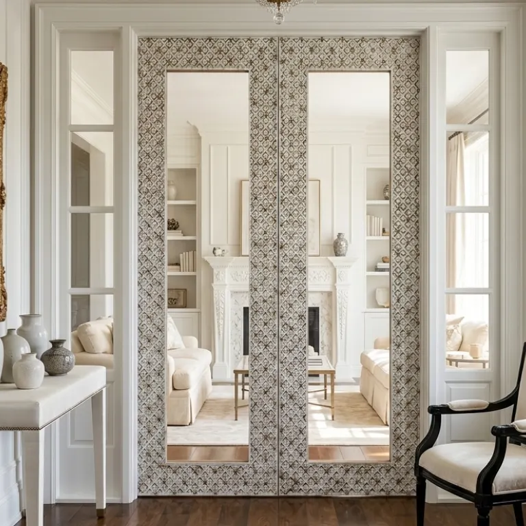 luxurious-mother-of-pearl-mirror-double-door Luxurious mother of pearl inlay mirror double door in modern white living room with fully furnished
