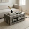 Luxury handmade black bone inlay coffee table with floral inlay and elephant horse camel animal motif handcrafted in Rajasthan India