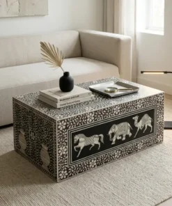 Luxury handmade black bone inlay coffee table with floral inlay and elephant horse camel animal motif handcrafted in Rajasthan India
