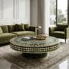 Luxury Mother of Pearl Inlay Green Marble Round Coffee Table placed in modern living room with green sofa set