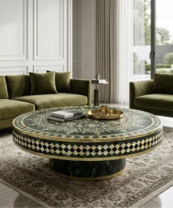 Luxury Mother of Pearl Inlay Green Marble Round Coffee Table placed in modern living room with green sofa set