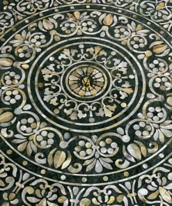 Luxury Mother of Pearl Inlay Green Marble Round Coffee Table close up view