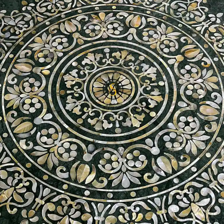 mother-of-pearl-green-marble-round-coffee-table-close-view Luxury Mother of Pearl Inlay Green Marble Round Coffee Table close up view