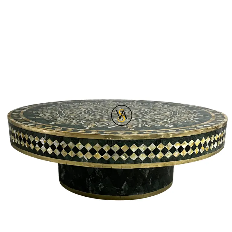 mother-of-pearl-green-marble-round-coffee-table-front-view (1) Luxury Mother of Pearl Inlay Green Marble Round Coffee Table front view