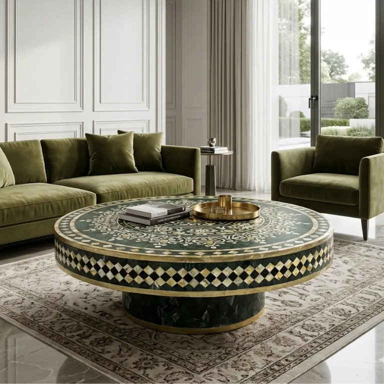 mother-of-pearl-green-marble-round-coffee-table Luxury Mother of Pearl Inlay Green Marble Round Coffee Table placed in modern living room with green sofa set