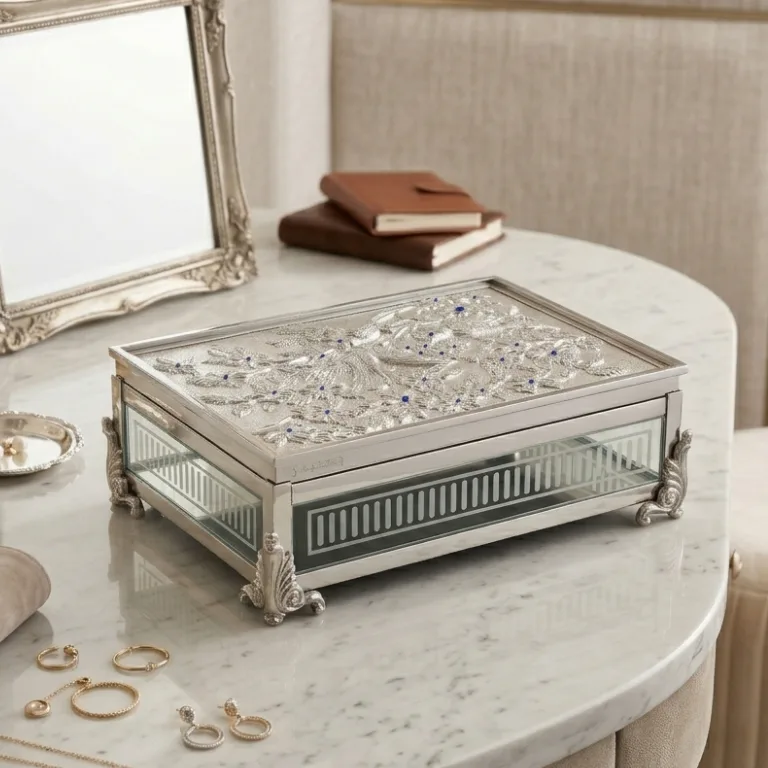 white-metal-jewelry-storage-box white metal jewelry storage box placed on luxury dressing table with items