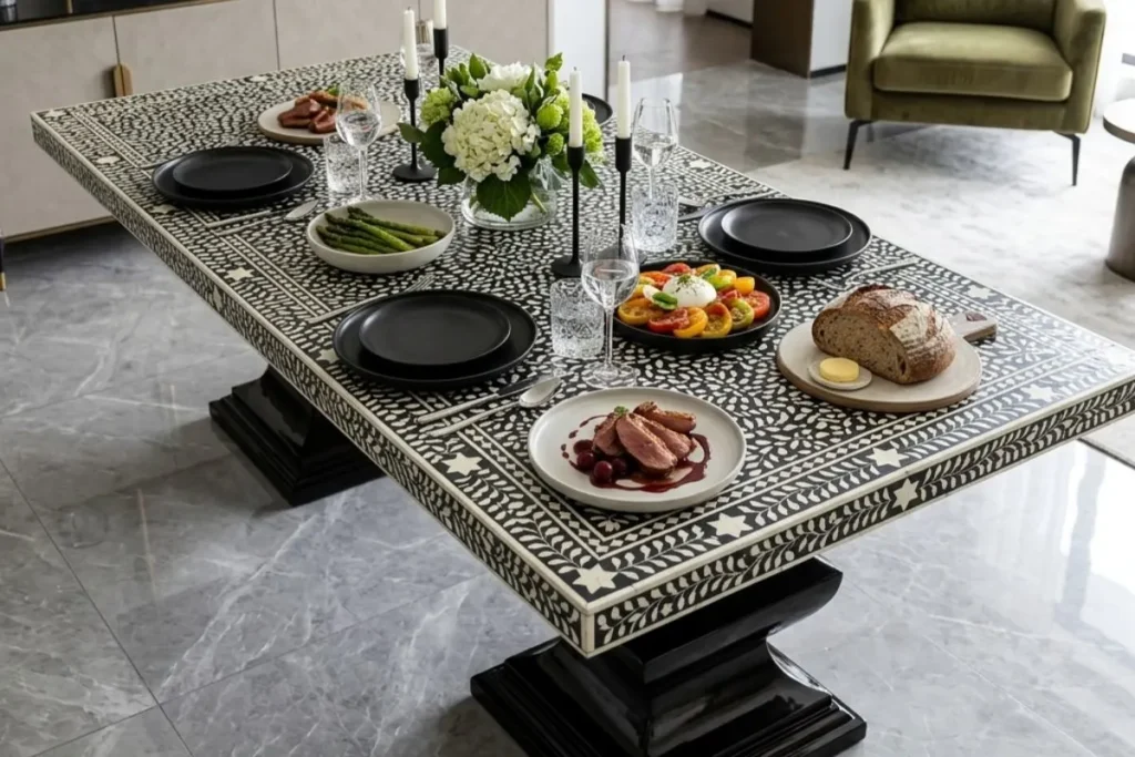 Black Bone Inlay Floral Design Ding Table in Modern Dining Room