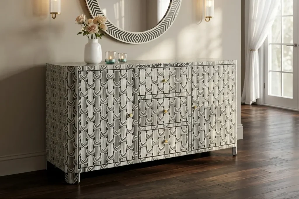 Black Bone Inlay Storage Sideboard in Modern Living Room with Decor items and wall decor