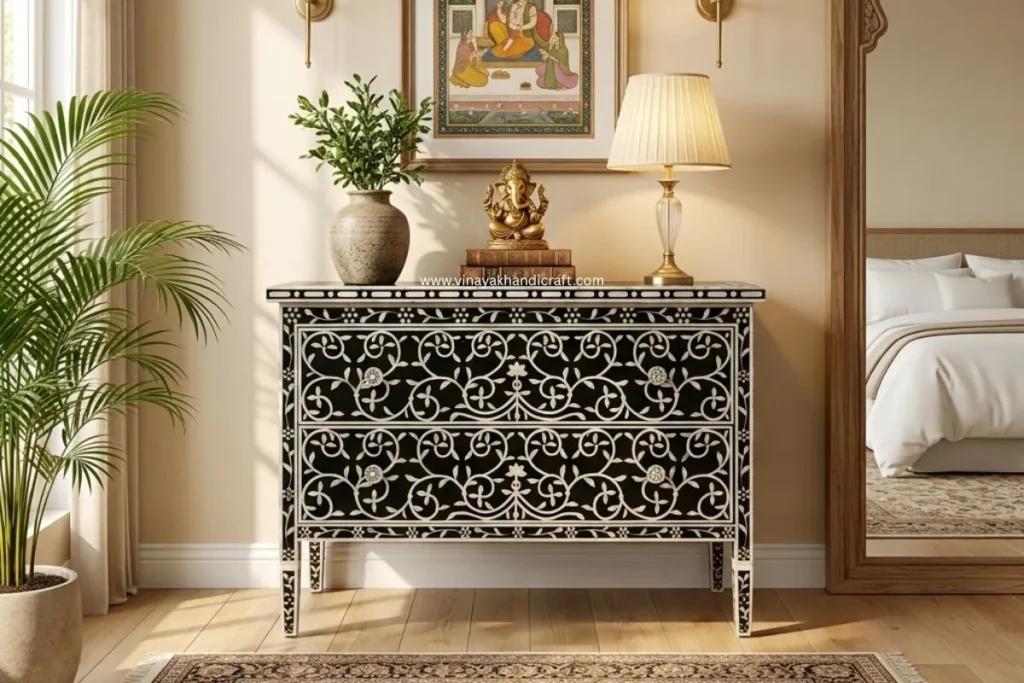 Black Bone Inlay Floral Chest of 2 Drawers in Luxury Bedroom