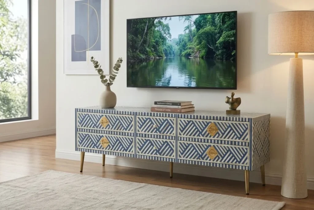 Bone Inlay Blue Large Drawers Media Cabinet in Luxury Living Room with Wall LED Tv and Decor Items