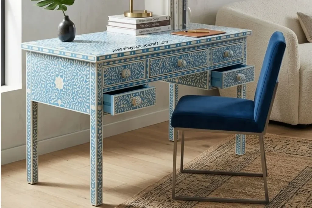 Blue Bone Inlay Floral Writing Desk with books and blue chair
