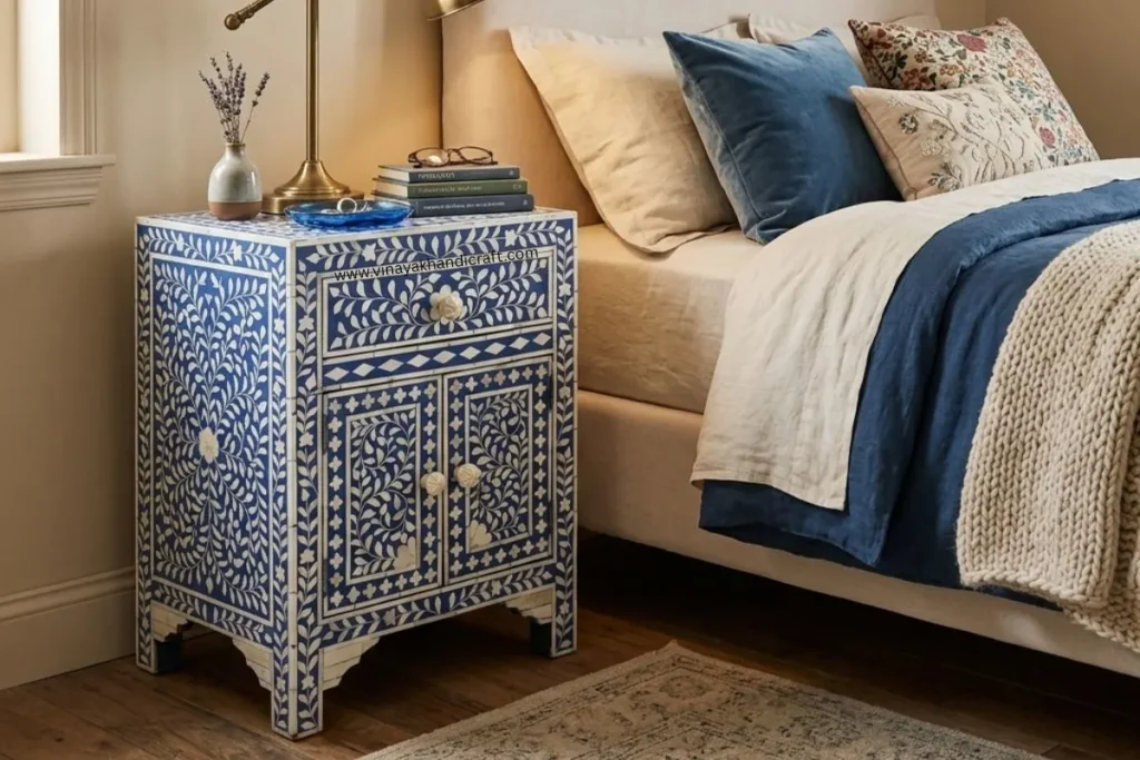 Navy Blue Bone Inlay Floral 1 Drawer Storage Bedside Table in Cozy Bedroom with decor items