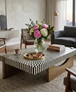 Alternative view of Luxury Black Bone Inlay Coffee Table with Brass Base | Handmade Rectangular Center Table