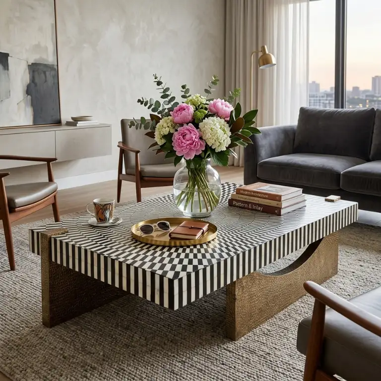 Luxury Black Bone Inlay Coffee Table with Brass Base | Handmade Rectangular Center Table - Image 2
