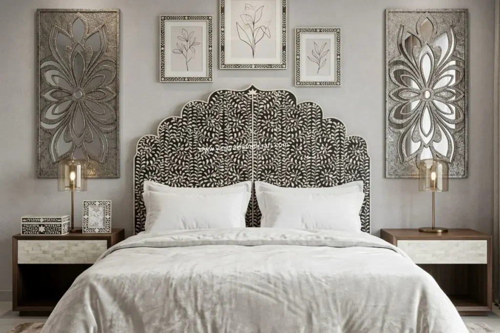 Black Floral Bone Inlay Headboard in Luxury Bedroom