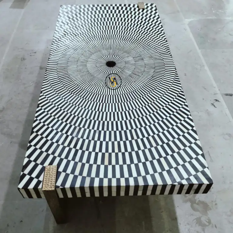 Handmade Black Bone Inlay Coffee Table Geometric Pattern Top View
