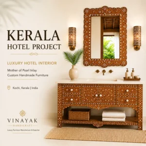 Luxury hotel bathroom vanity with handcrafted Mother of Pearl inlay furniture by Vinayak Handicraft for a hotel project in Kerala