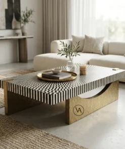 Luxury Black Bone Inlay Coffee Table with Brass Base in Modern Living Room