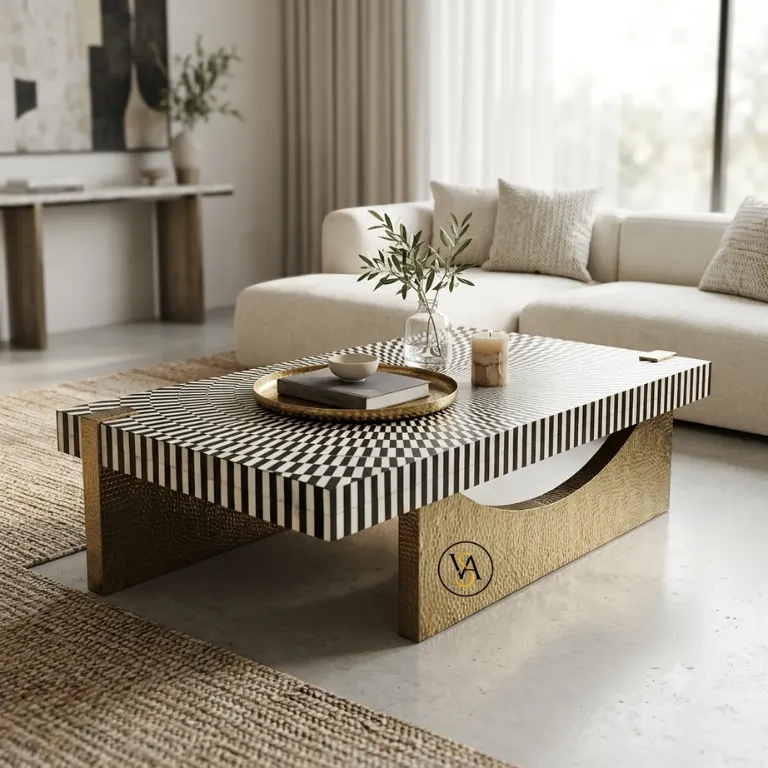 Luxury Black Bone Inlay Coffee Table with Brass Base in Modern Living Room