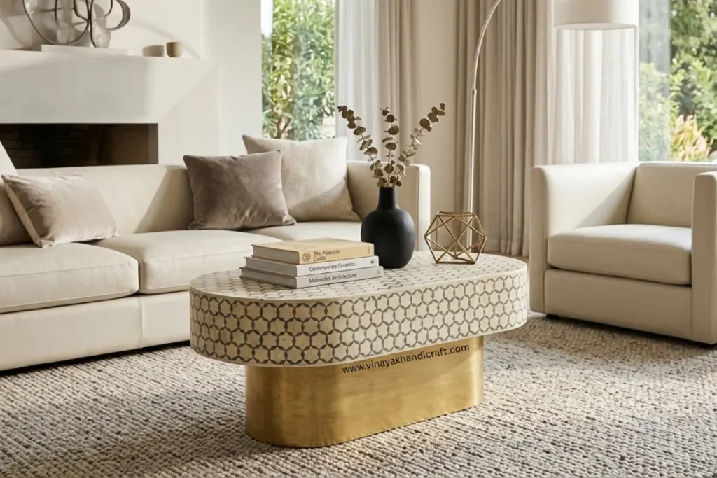 Luxury Bone Inlay White Boat Shape Coffee Table in Contemporary Living room with beige sofa set and decor items
