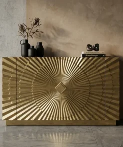 Handmade brass cladding sideboard cabinet with modern Sunburst pattern for luxury living room interiors