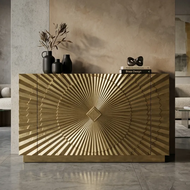 Handmade brass cladding sideboard cabinet with modern Sunburst pattern for luxury living room interiors