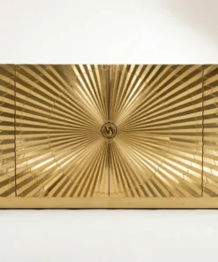 Luxurious Brass Cladding Cabinet Sideboard with handcrafted Sunburst Design and 6 storage shelves