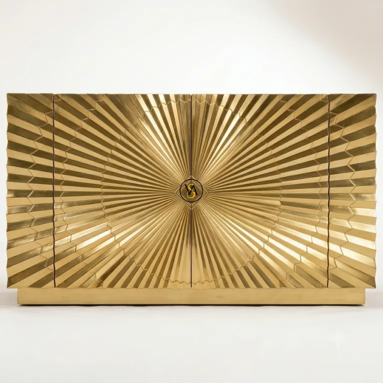Luxurious Brass Cladding Cabinet Sideboard with handcrafted Sunburst Design and 6 storage shelves