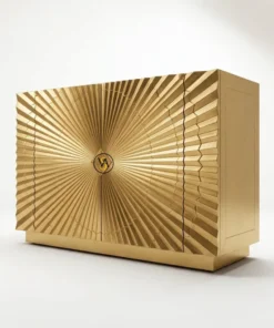 Designer brass sideboard cabinet with handcrafted Sunburst front and concealed storage shelves