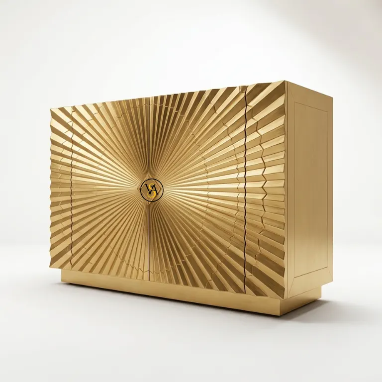 Designer brass sideboard cabinet with handcrafted Sunburst front and concealed storage shelves