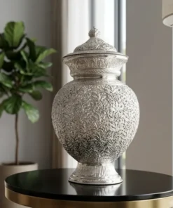 Luxury Silver Plated Floral Decorative Pot with Lid for Modern Home Decor, Handmade Urn