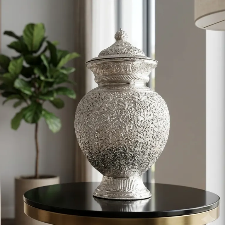 luxury-silver-plated-floral-decorative-pot-with-lid-handmade-urn Luxury Silver Plated Floral Decorative Pot with Lid for Modern Home Decor, Handmade Urn