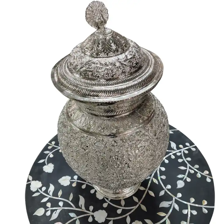 luxury-silver-plated-home-decor-showpiece-top-view Handmade Silver Plated Floral Decorative Pot Showpiece