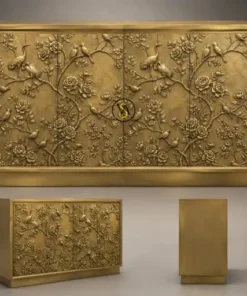 Luxury handmade embossed brass cladding sideboard cabinet with floral & bird motifs