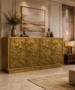 Luxury handmade brass cladding sideboard storage cabinet with floral design in luxury suite room with fully furnished