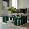 Green Synthetic Malachite Coffee Table with arched legs and checkerboard design in modern living room with vase decor and items