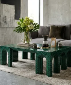 Green Synthetic Malachite Coffee Table with arched legs and checkerboard design in modern living room with vase decor and items